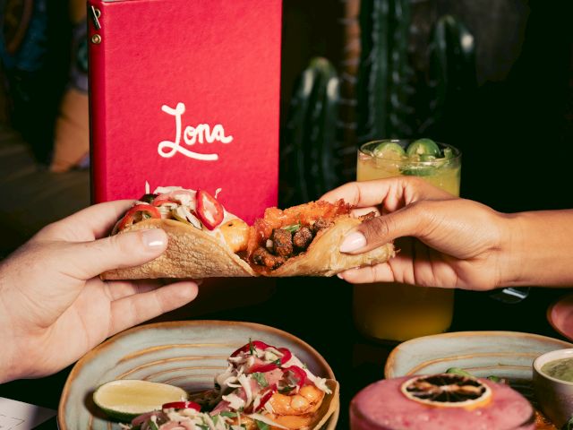 Two hands holding a taco with plates and drinks in the background.