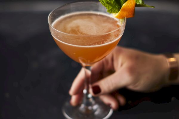 A cocktail in a glass with mint and citrus garnish, held by a hand.