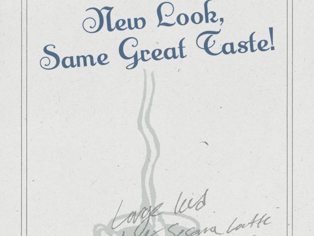 Promotional poster for Drug Store Coffee with handwritten note.