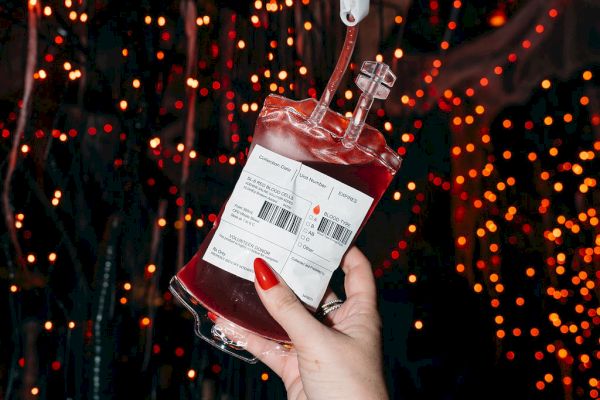 A hand holds a bag resembling a blood bag, possibly a prop, against a background of red and orange lights, creating a spooky atmosphere.
