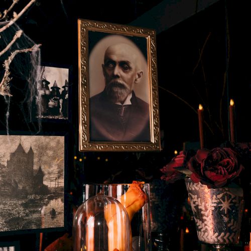 A dark, atmospheric scene with candles, a skull, a framed portrait, and spooky decorations.