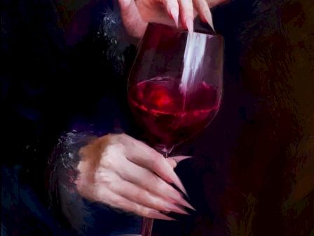 A hand with long nails holds a glass of red wine against a dark background, creating a mysterious and elegant atmosphere.