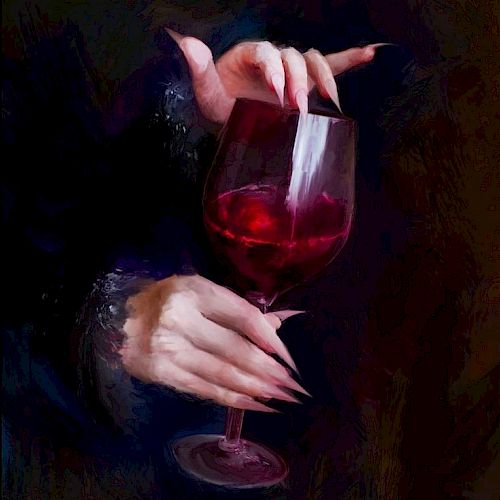 A pair of hands with long nails delicately holds a wine glass filled with red liquid against a dark background, evoking a mysterious atmosphere.