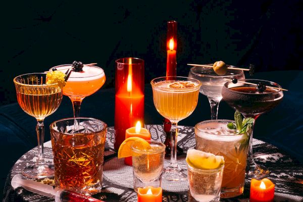 A dark, moody table setting with various cocktails, garnishes, and lit candles creates an inviting and elegant atmosphere.