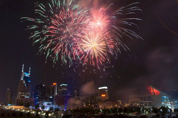 Fireworks light up the night sky above a cityscape.