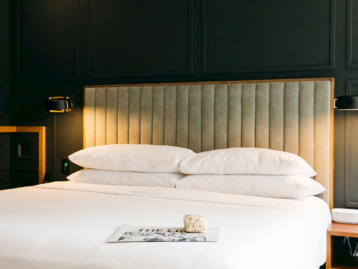 A neatly made bed with pillows in a stylish room.