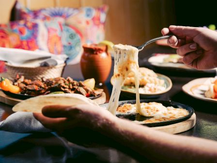 A person is serving melted cheese on a tortilla with various dishes on the table.
