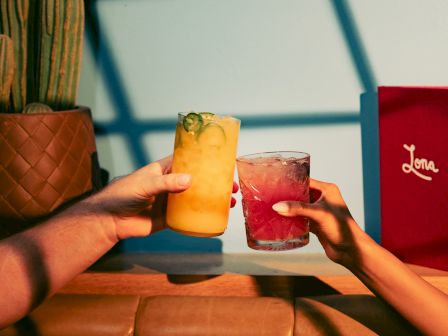 Two people clinking drinks with a cactus and a menu on a table.