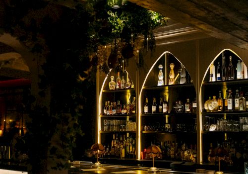 A dimly lit bar with shelves of bottles and stools.