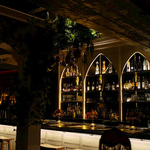 A dimly lit bar with shelves of bottles and stools.