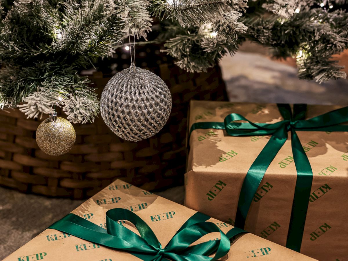 Christmas tree with ornaments and wrapped gifts underneath.