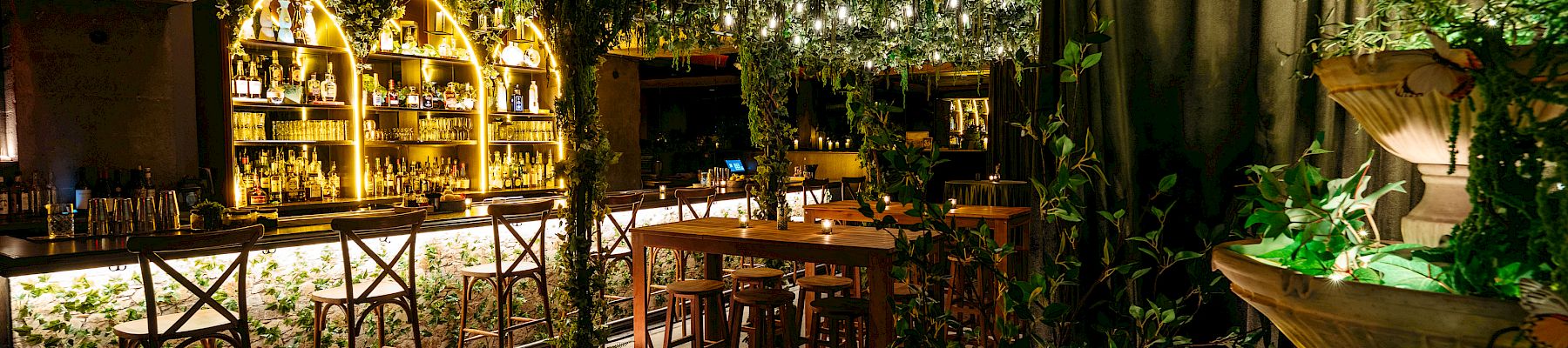 A warmly lit bar with wooden stools, greenery, and a decorative fountain.