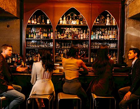 People sitting at a bar with shelves full of bottles.
